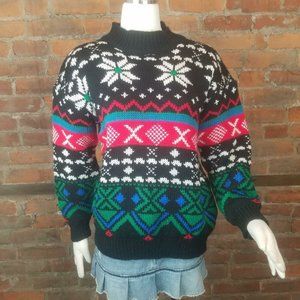 Vintage Radishes & Roses Pullover Sweater 1990s Black Multicolor Print Sz M